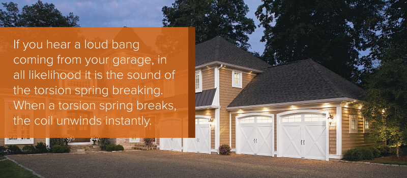 If you hear a loud bang coming from your garage, in all likelihood it is the sound of the torsion spring breaking.